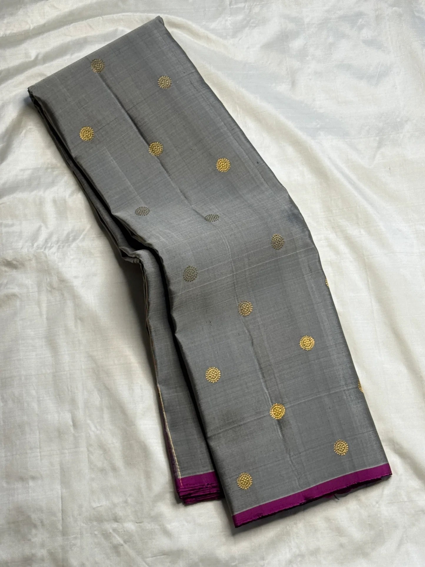 Kamalam butta spread on steel grey handwoven Kanchipuram pure silk saree body — Idam Living