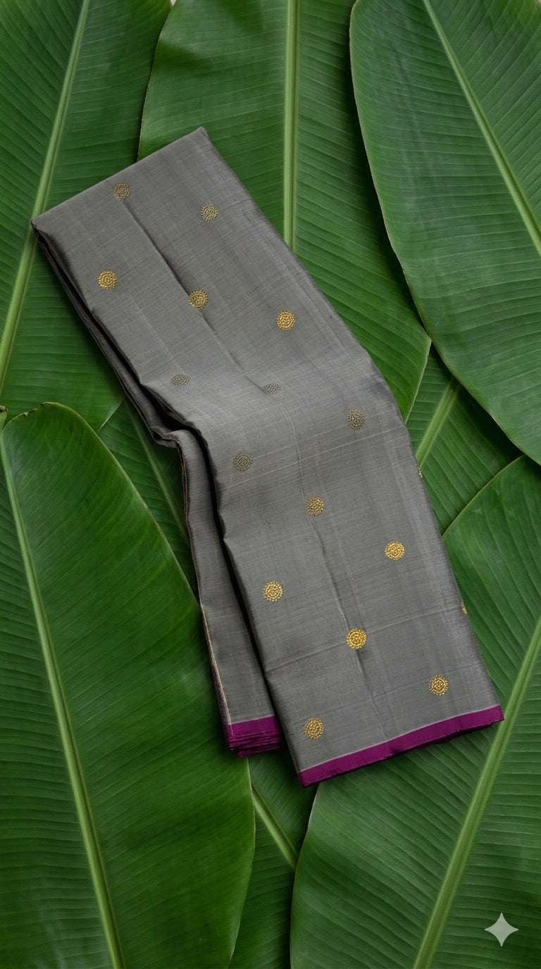 Steel grey handwoven Kanchipuram pure silk saree with vairaoosi weave and kamalam butta in gold zari — Idam Living