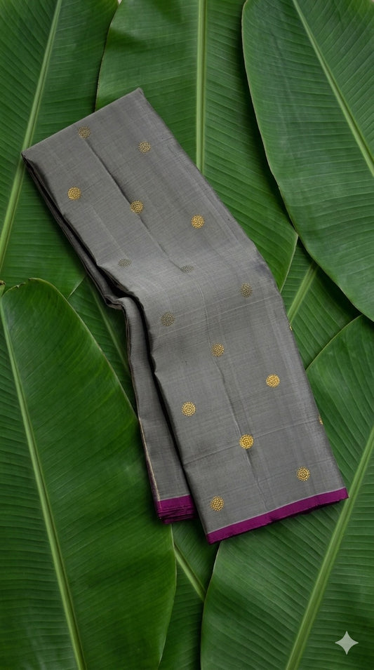 Steel grey handwoven Kanchipuram pure silk saree with vairaoosi weave and kamalam butta in gold zari — Idam Living