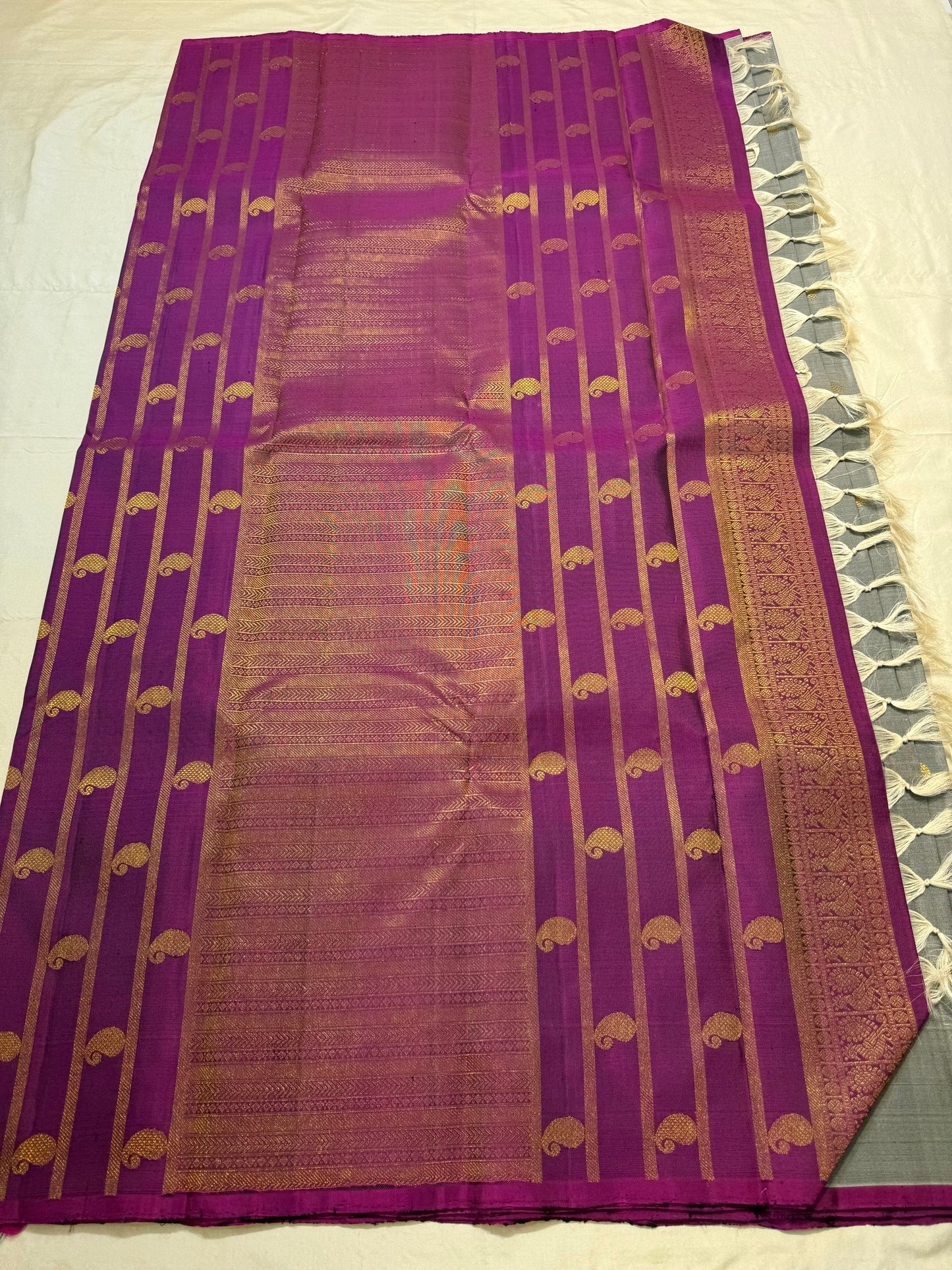 Gold zari kamalam butta detail on steel grey Kanchipuram handwoven silk saree — Idam Living