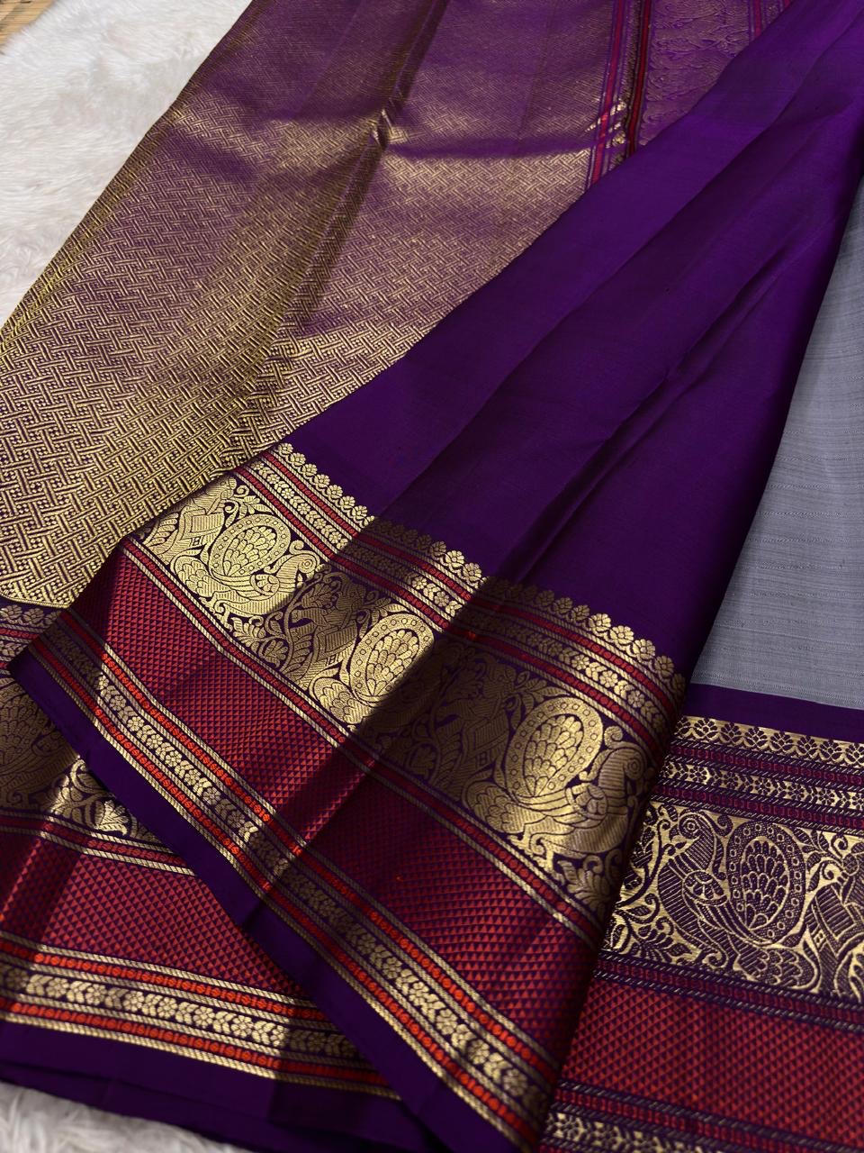 Steel Grey and Kanchana Purple Handwoven Pure Silk Kanchipuram Saree with Mayil Butta and Vanasringaram Yaanai Border