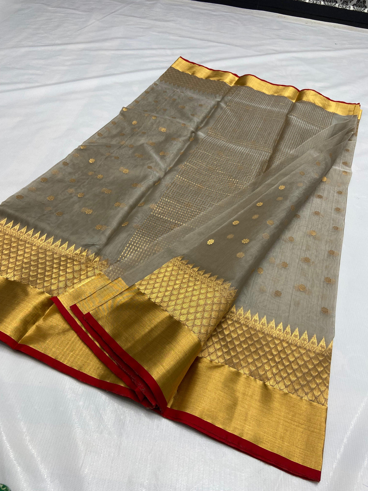 Golden metallic border on grey Chanderi
