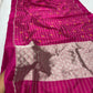 Raspberry Pink Pattu Silk Chanderi saree showing the fine metallic weaving of the striped body and pallu.