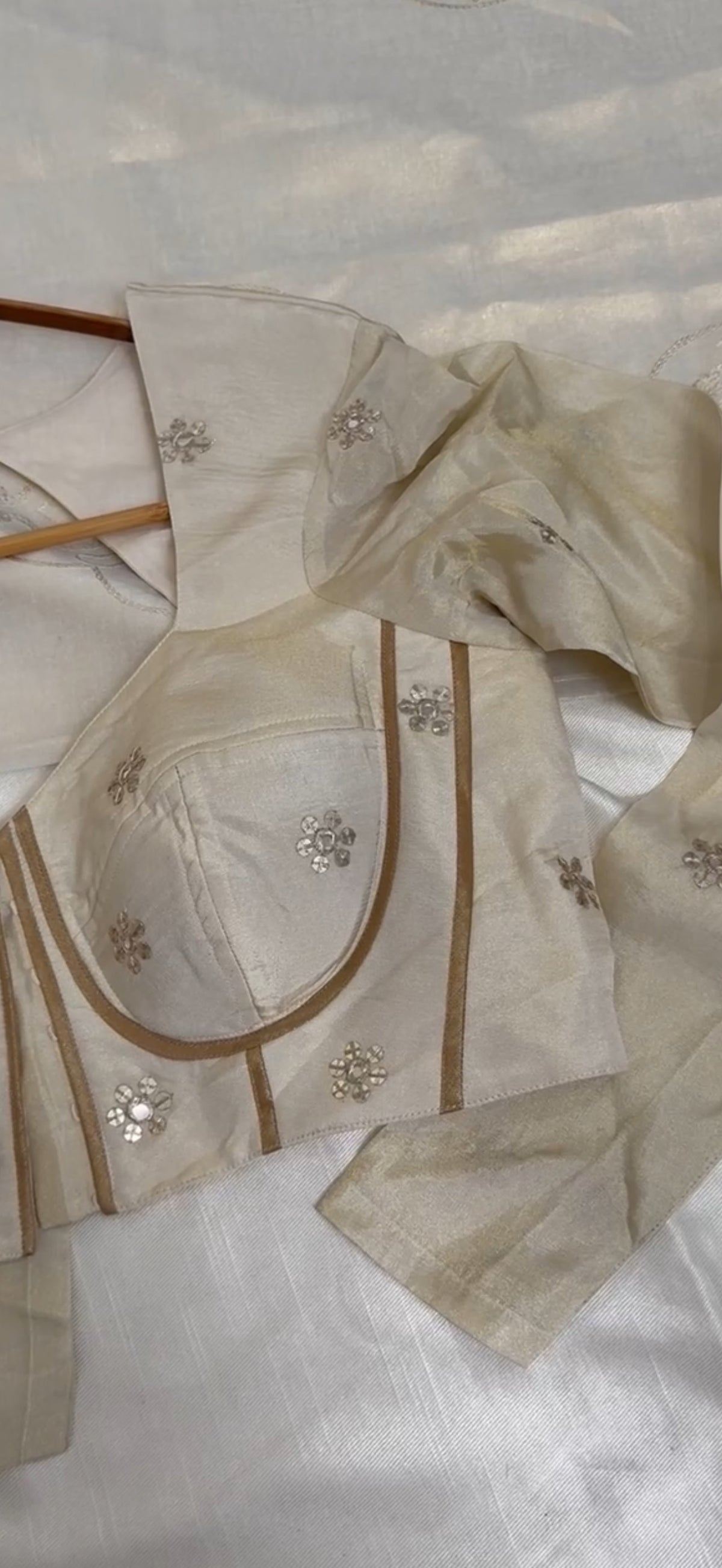 Nila Ivory Tissue Silk Structured Blouse with Gathered Churidar Sleeves and Mirror Work