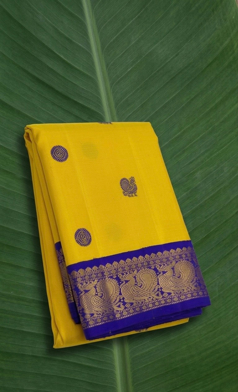Sunflower Yellow and Royal Violet Handwoven Pure Silk Kanjeevaram Saree with Silk Thread Mayil Chakram Butta