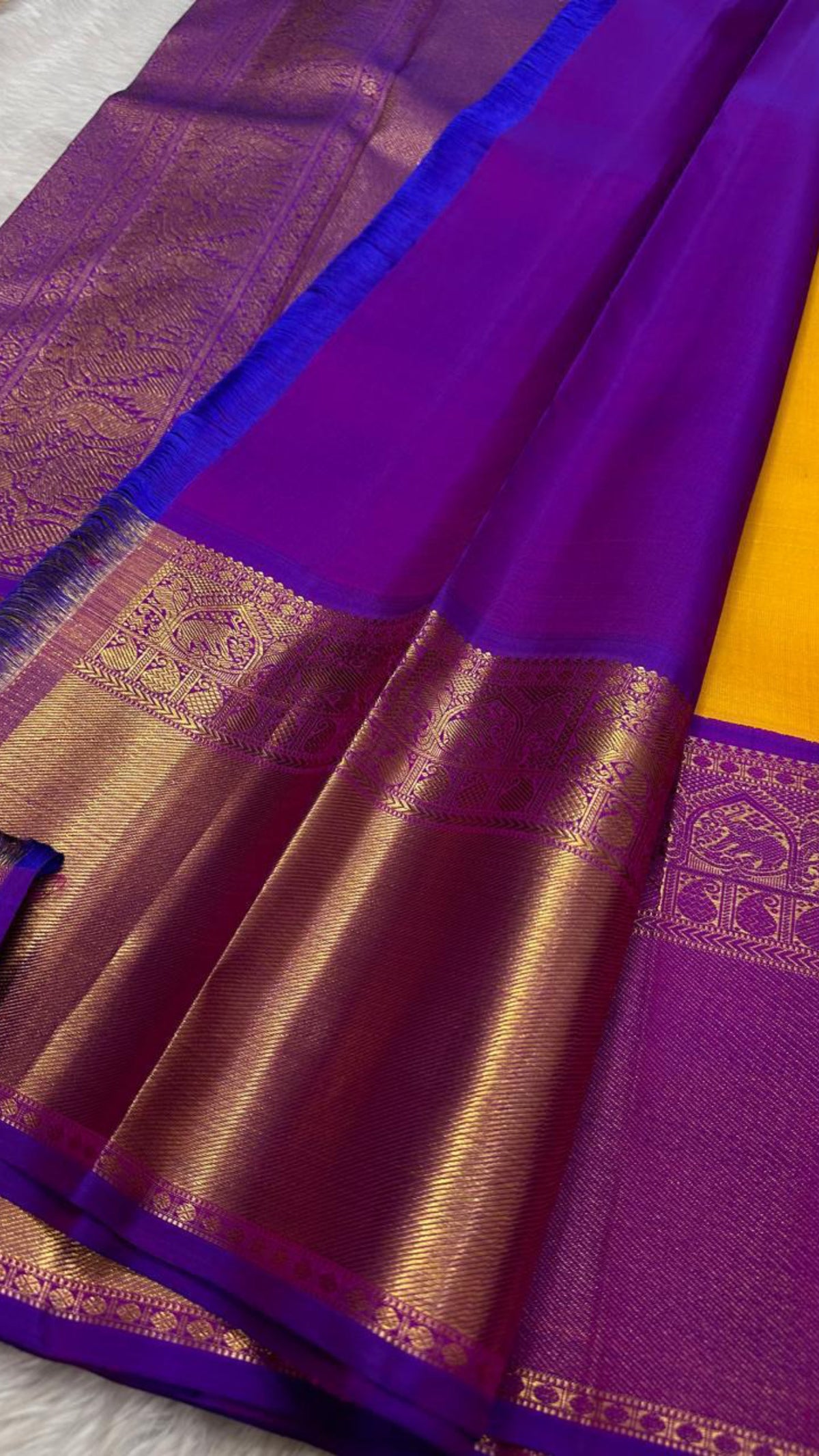 Sunflower yellow and purple Korvai Pure Silk Kanjivaram saree with gold zari