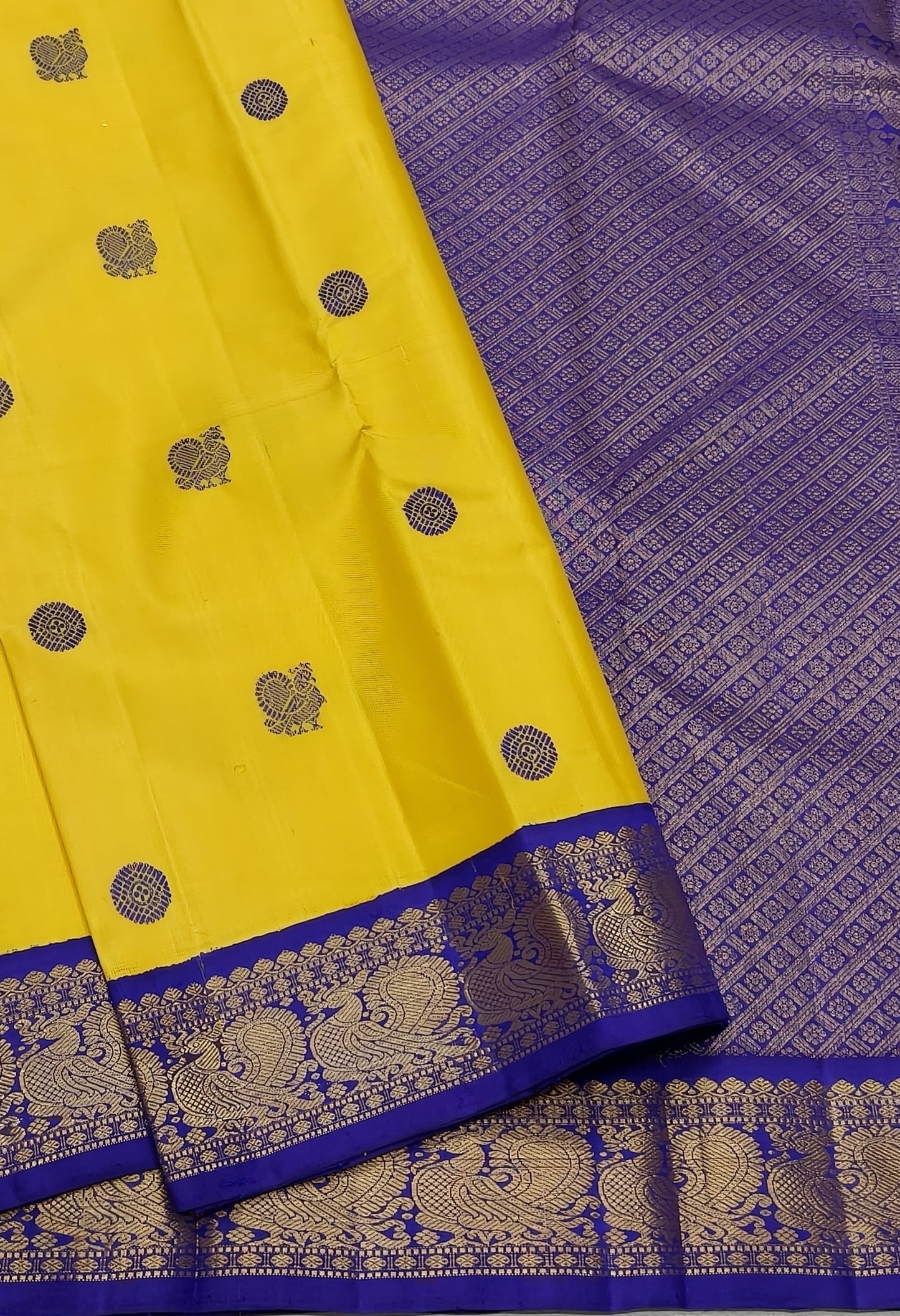Sunflower Yellow and Royal Violet Handwoven Pure Silk Kanjeevaram Saree with Silk Thread Mayil Chakram Butta