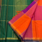 Sunset orange and pink handwoven Kanjivaram saree with forest green pallu, full view