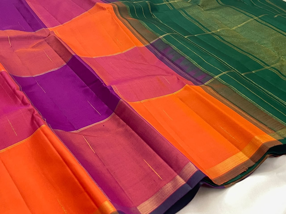 Sunset orange and pink Kanchi Kattam body in handwoven pure silk