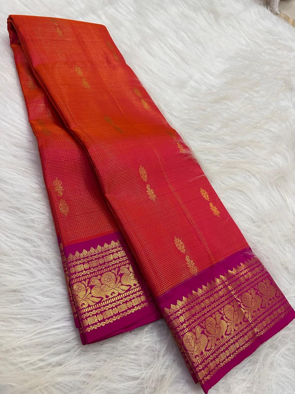 Sunset Orange and Raspberry Pink Pure Silk Kanchipuram Vairaoosi saree