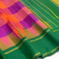 Sunset orange and violet handwoven pure silk Kanjivaram saree with Maragatham green pallu, full view