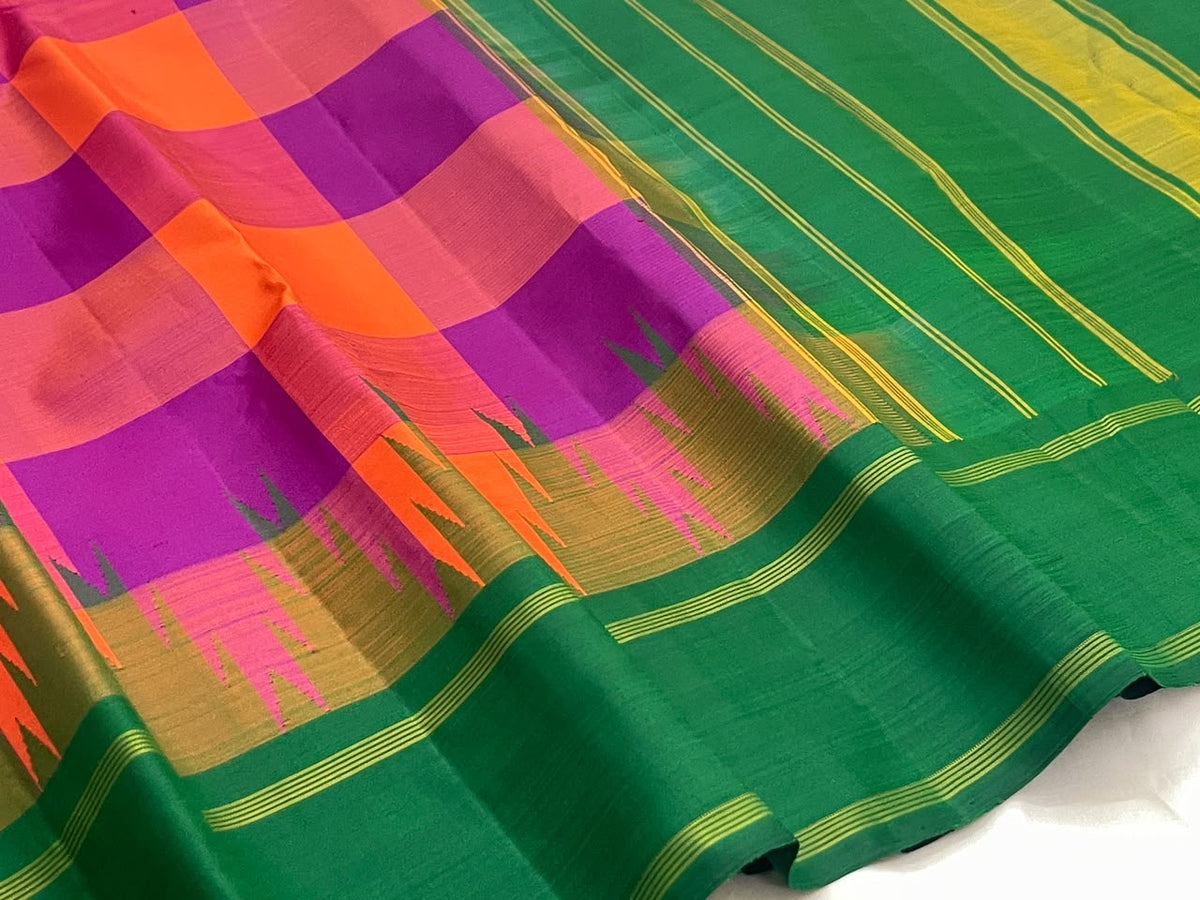 Sunset orange and violet handwoven pure silk Kanjivaram saree with Maragatham green pallu, full view