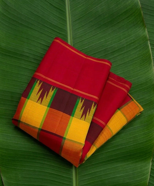 Sunset vermilion Kanchipuram silk saree with turmeric gold kanchi kattam checks and traditional zari temple border