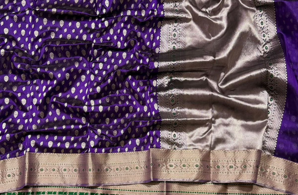 Detail of imperial-purple Chanderi silk with silver buttas