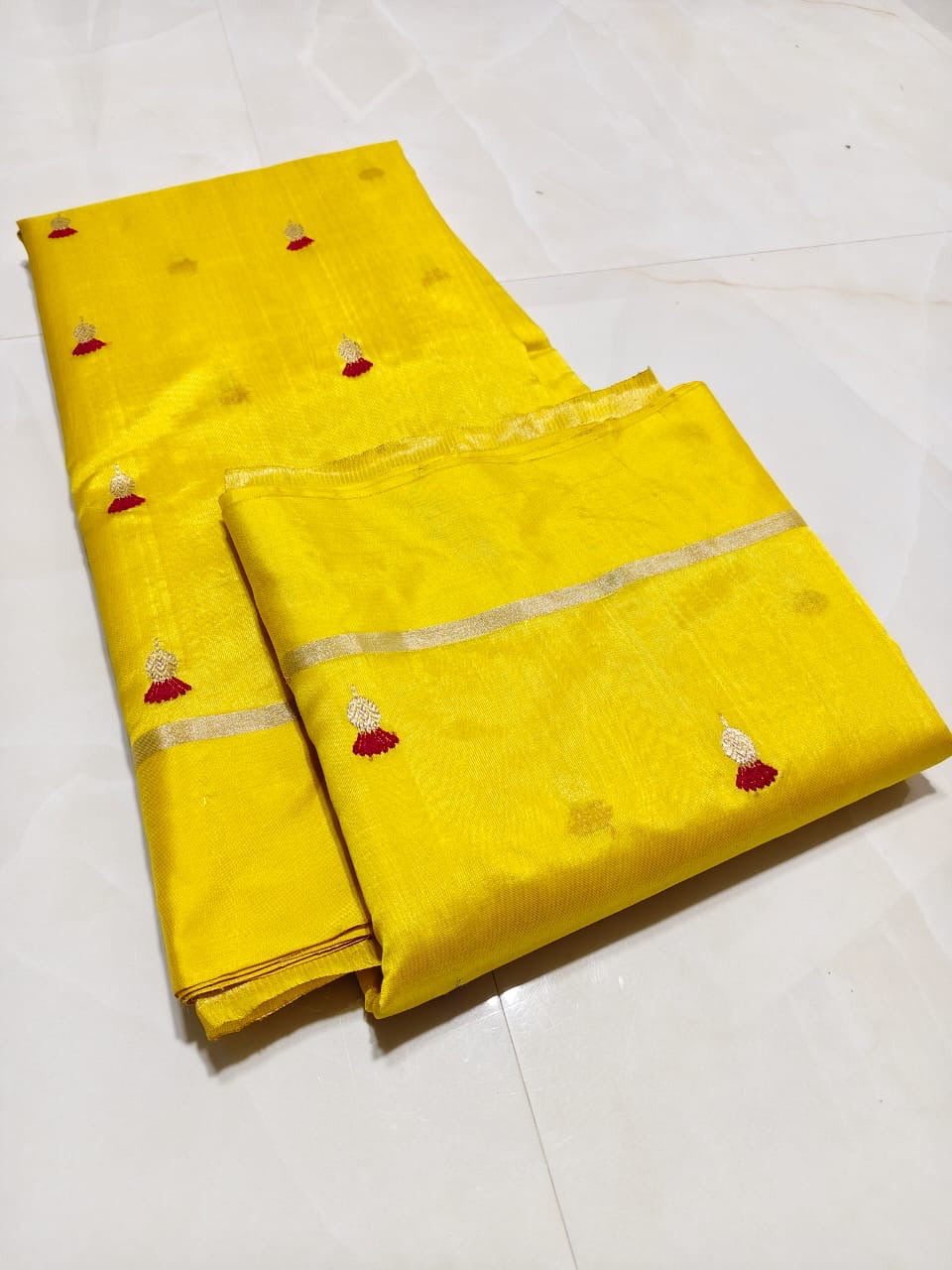 Sunshine yellow Pattu Silk Chanderi saree with ruby-red buttas