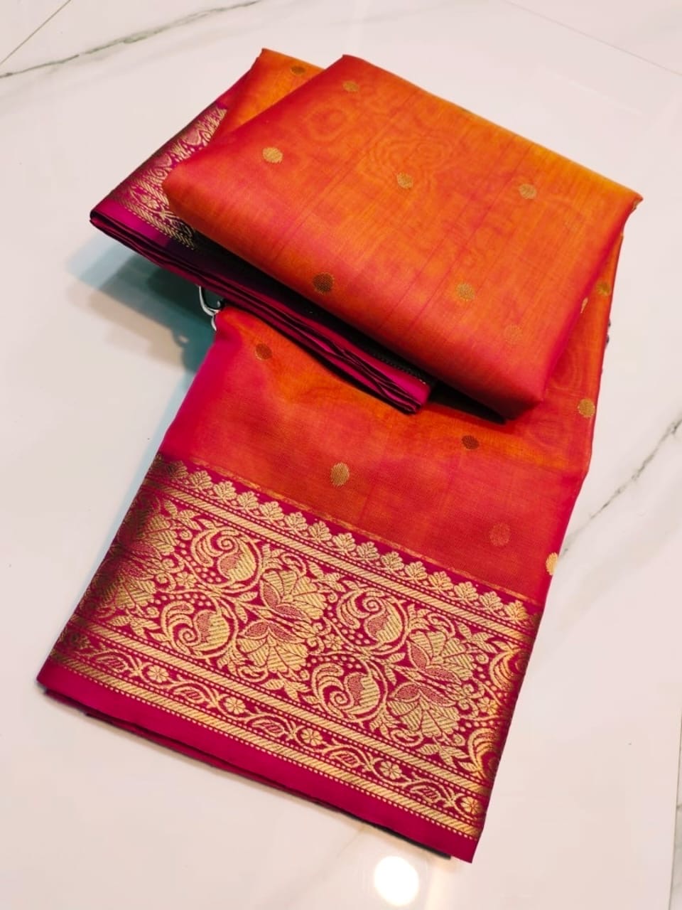 Gold zari butta detail on tangerine orange Chanderi Katan silk saree