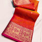 Handwoven tangerine orange and rani pink Katan silk Chanderi saree, draped view