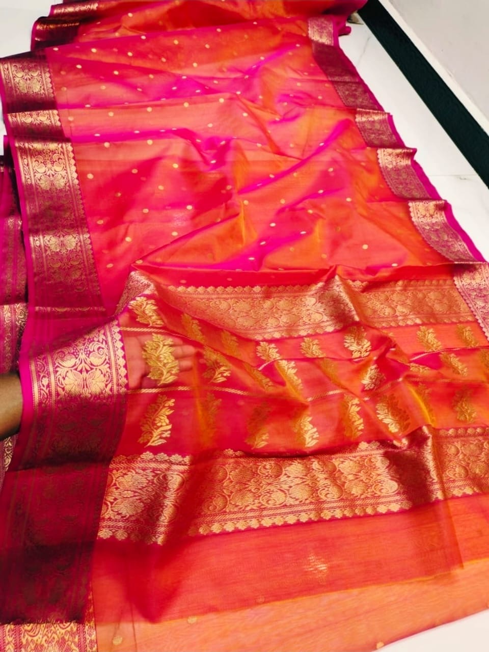 Tangerine orange and rani pink Pure Silk Chanderi saree in Katan silk, full saree view