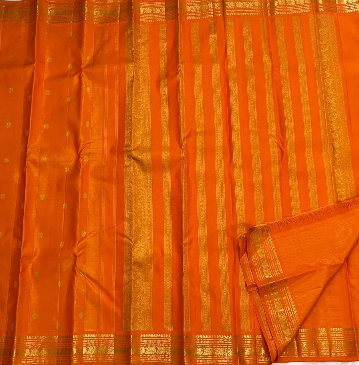 Tangerine Handwoven Pure Silk Kanjipuram Saree with Vairaoosi Zari Body and Kamalam Butta Border