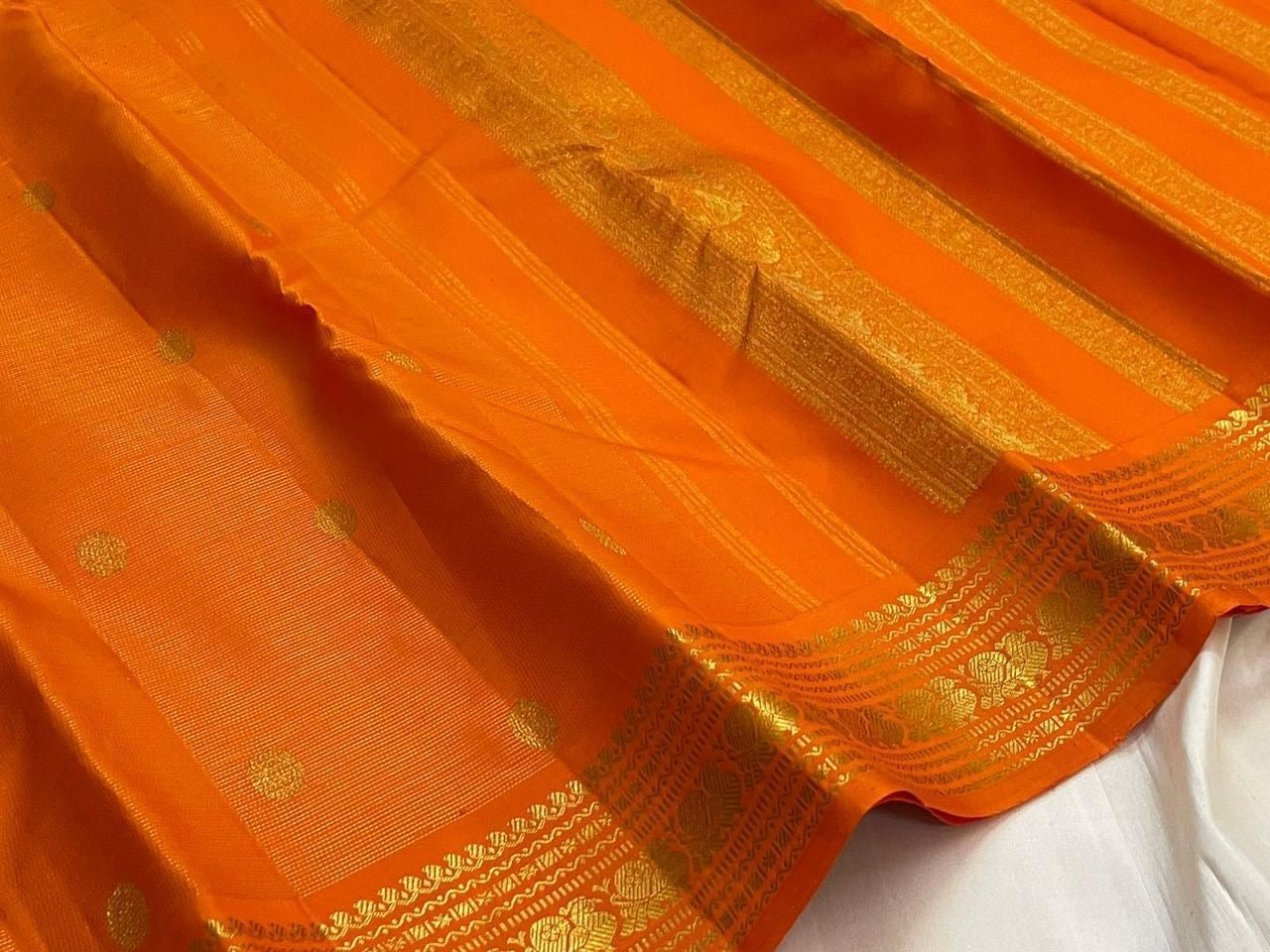 Tangerine Handwoven Pure Silk Kanjipuram Saree with Vairaoosi Zari Body and Kamalam Butta Border