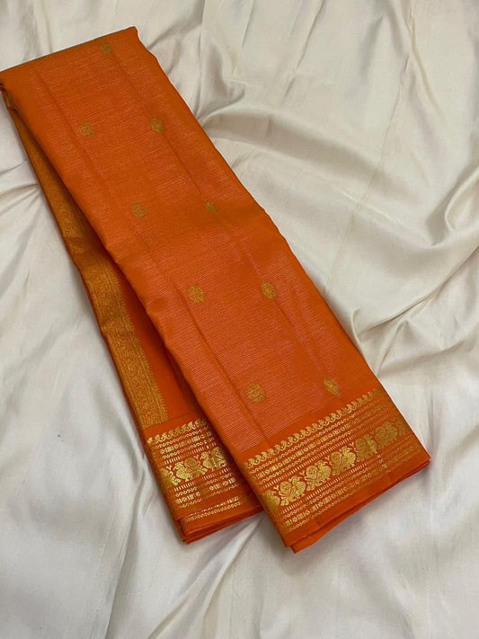 Tangerine Handwoven Pure Silk Kanjipuram Saree with Vairaoosi Zari Body and Kamalam Butta Border