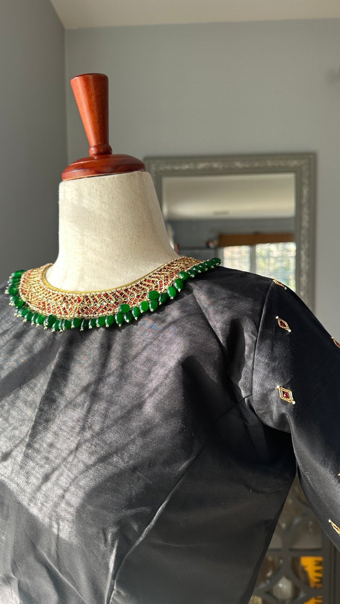 Black silk cotton Tanjore blouse with long-lasting kemp stone embellishment for festive wear