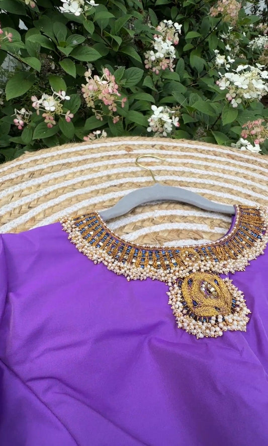 Purple silk Tanjore Treasure blouse with jewellery-inspired kemp stone embroidery and zari accents