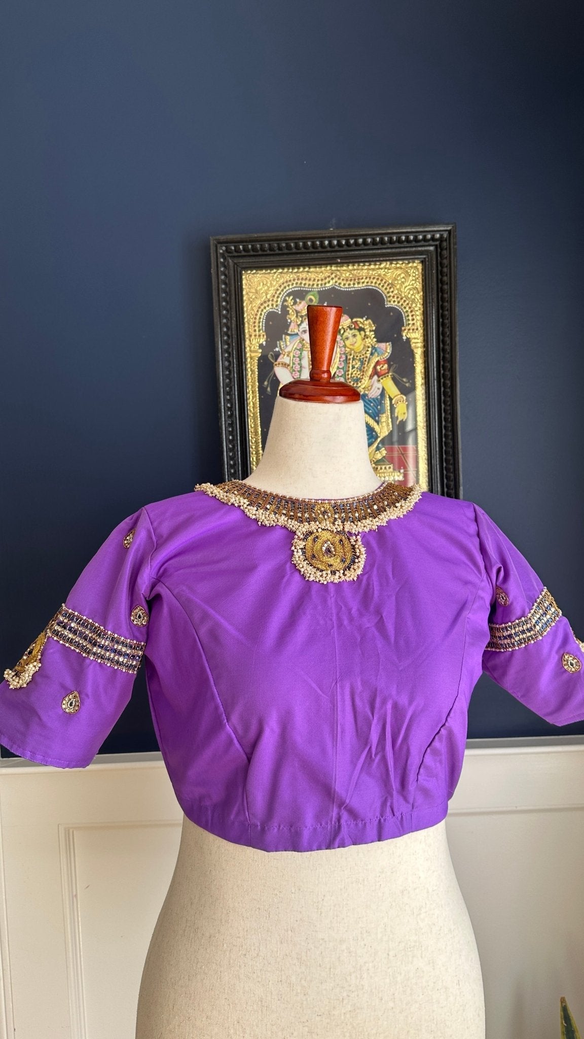 Handcrafted purple silk Tanjore Treasure blouse designed to pair with traditional silk sarees