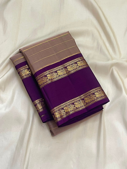 Taupe Pure Silk KanchiPattu Veldhari Saree - royal purple heritage border detail