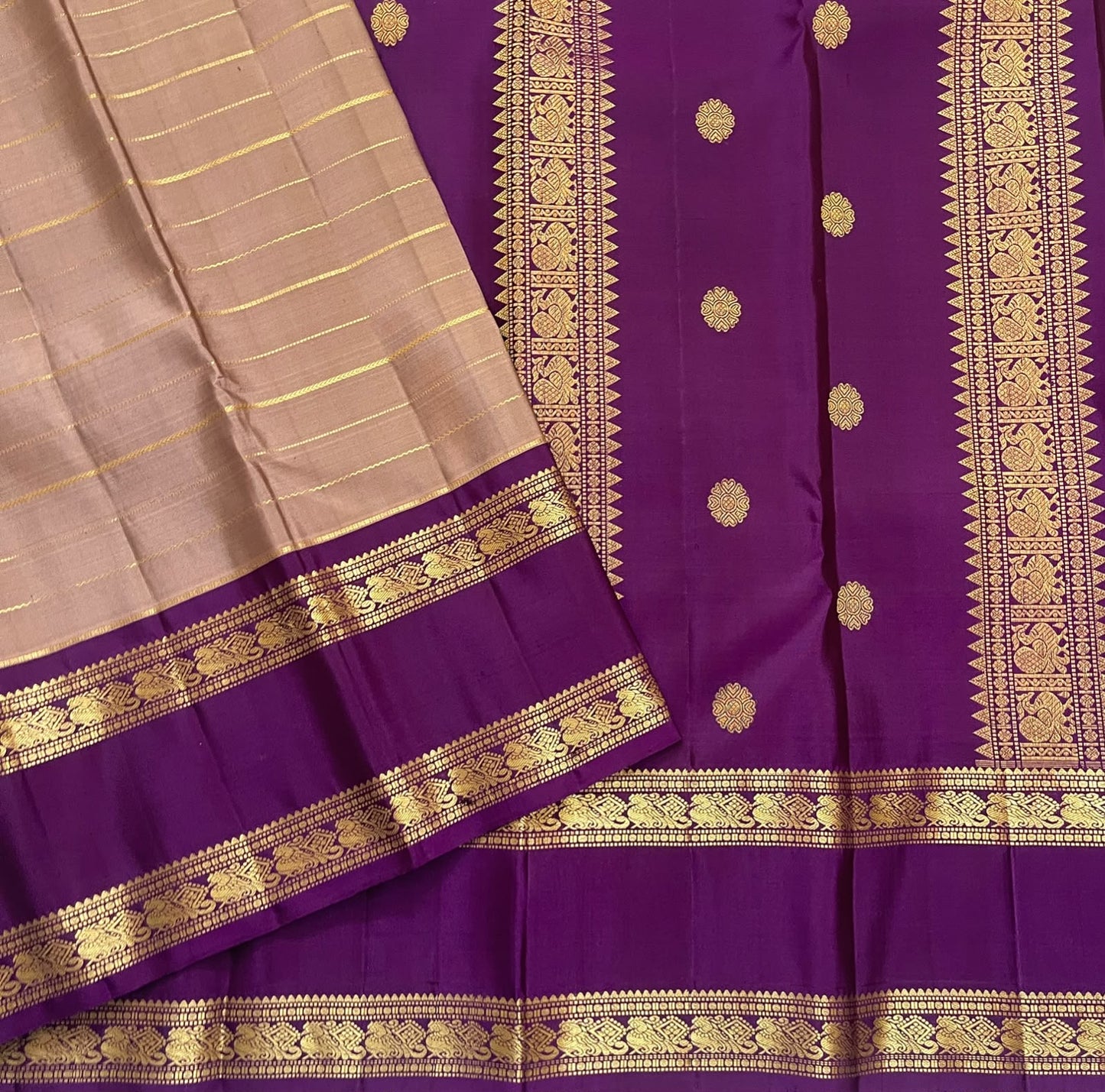 Taupe Pure Silk KanchiPattu Veldhari Saree - front view