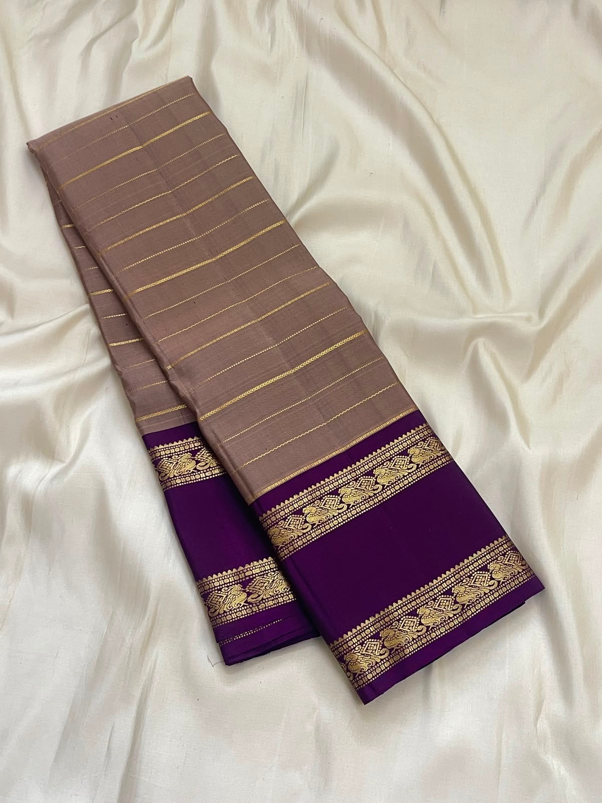 Taupe Pure Silk KanchiPattu Veldhari Saree - full saree view