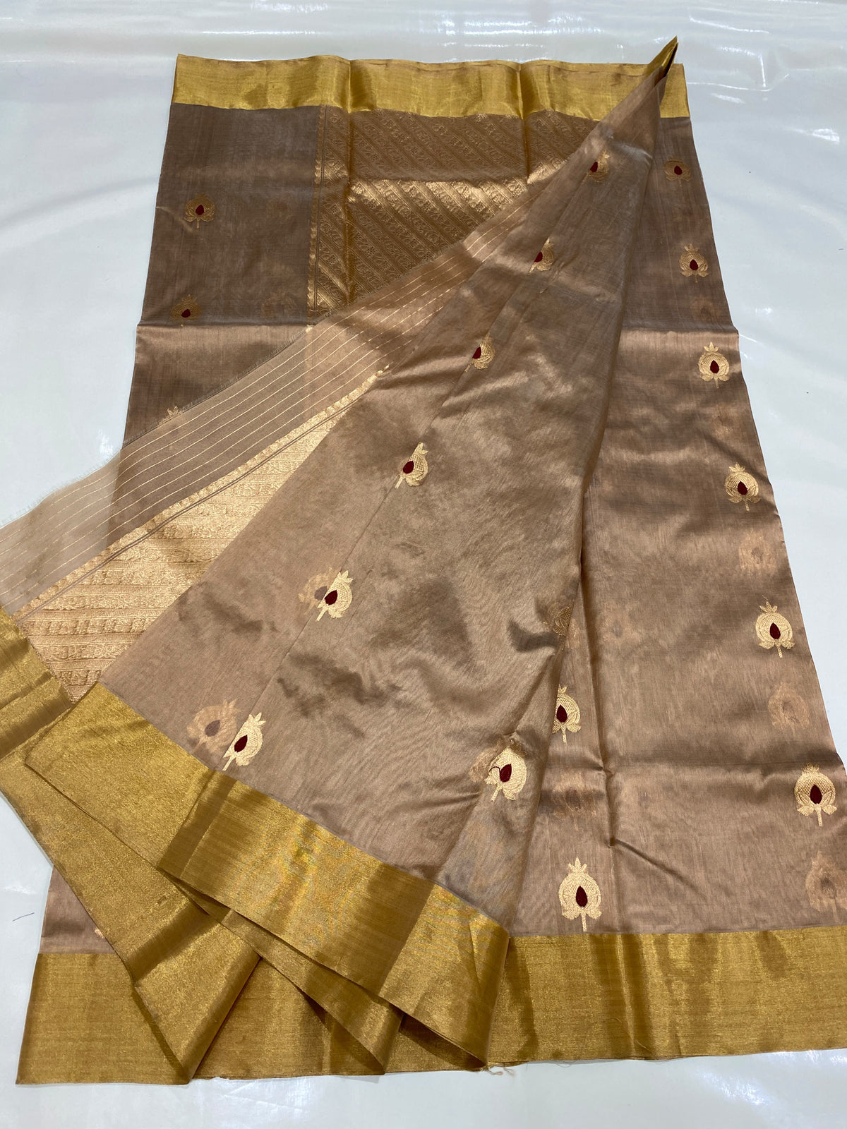 Taupe Pure Silk Chanderi saree with metallic motifs