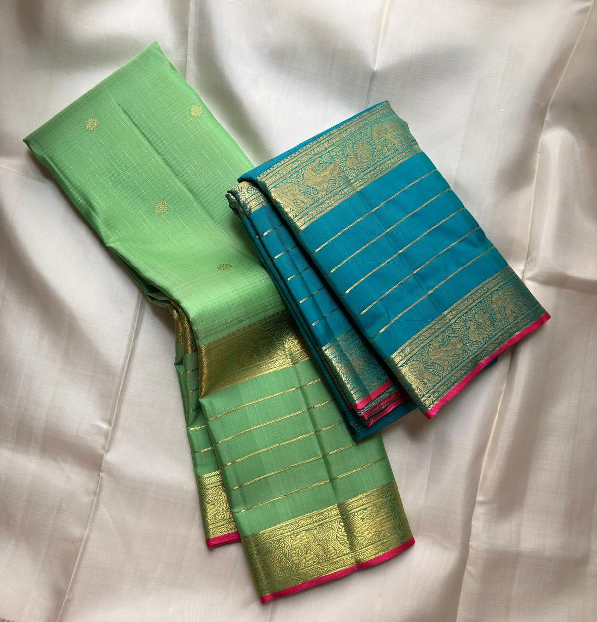 Teal Blue Handwoven Pure Silk Kanjipuram Zari Kattam Saree with Gold Zari Bird Motif Border