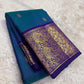 Teal blue shot colour Kanjeevaram silk saree with purple korvai vanasringaram border — Idam Living