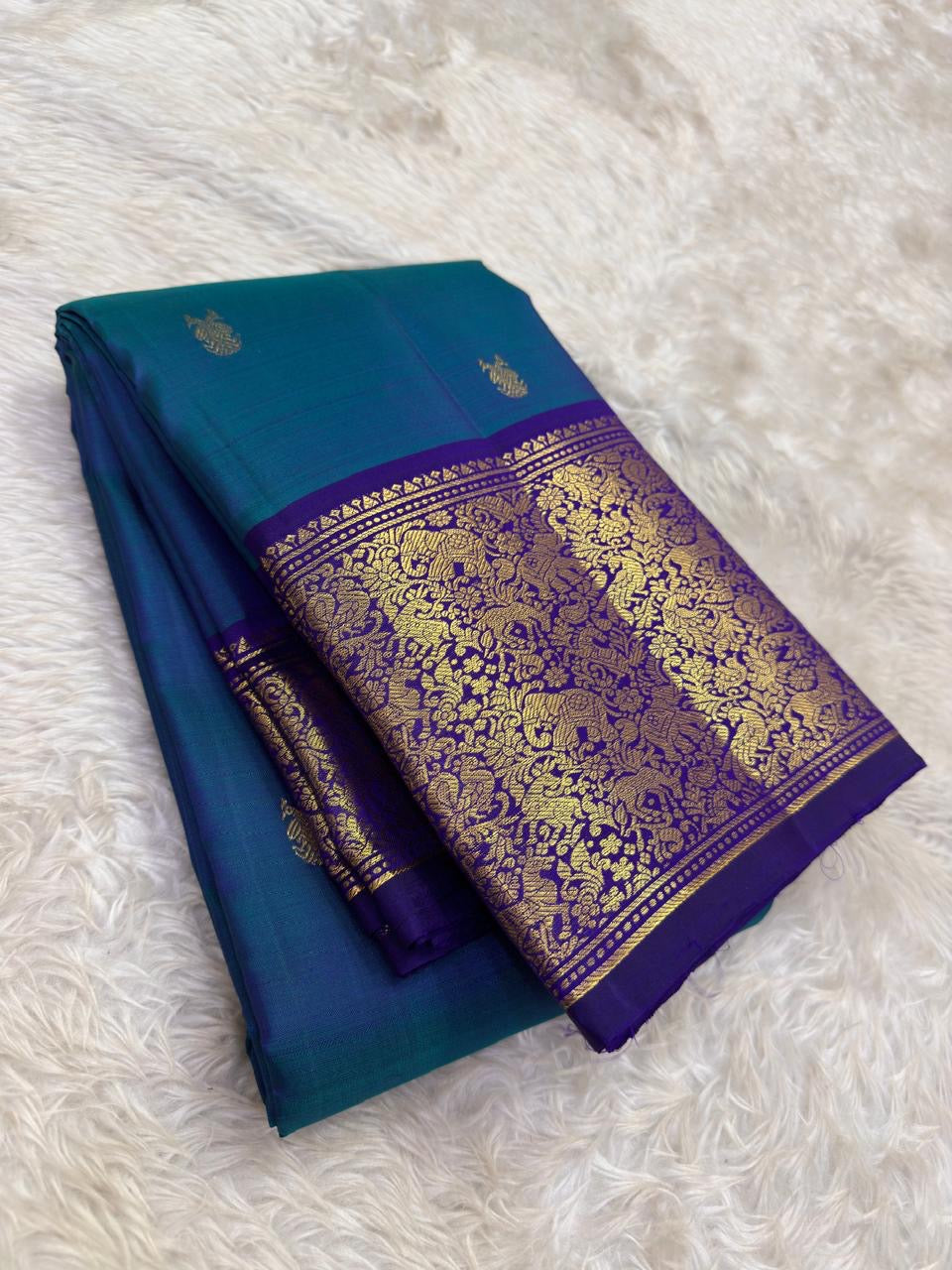 Teal blue shot colour Kanjeevaram silk saree with purple korvai vanasringaram border — Idam Living