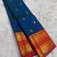 Peacock blue Korvai pure silk KanchiPattu saree with red border and Mayil Chakram buttas — full overview, Idam Living