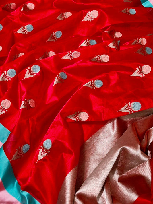 Folded view of Crimson Petal Pure Silk Chanderi Saree with Teal Border