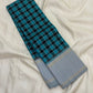Long-folded teal checked Pure Kanchipuram silk saree showing silver grey border with fine zari woven lines