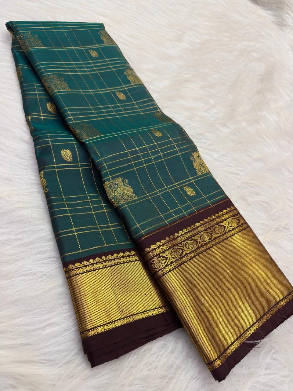 Handwoven teal green and chocolate brown Pure Silk Kancheepuram saree