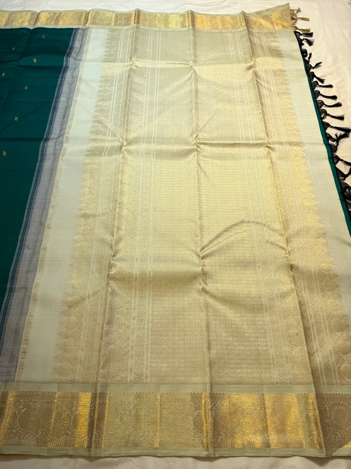 Teal Green with Ivory border Kanchipuram silk saree