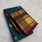 Mayil Kazhuthu teal Kanchipuram silk saree shown beside its saturated Arakku red pallu