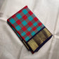 Teal Red and Grey Handwoven Pure Silk Kancheepuram Saree with Paalum Pazhamum Checks and Navy Border