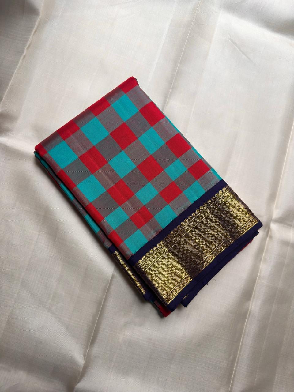 Teal Red and Grey Handwoven Pure Silk Kancheepuram Saree with Paalum Pazhamum Checks and Navy Border