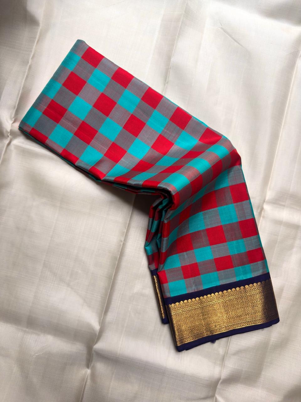 Teal Red and Grey Handwoven Pure Silk Kancheepuram Saree with Paalum Pazhamum Checks and Navy Border