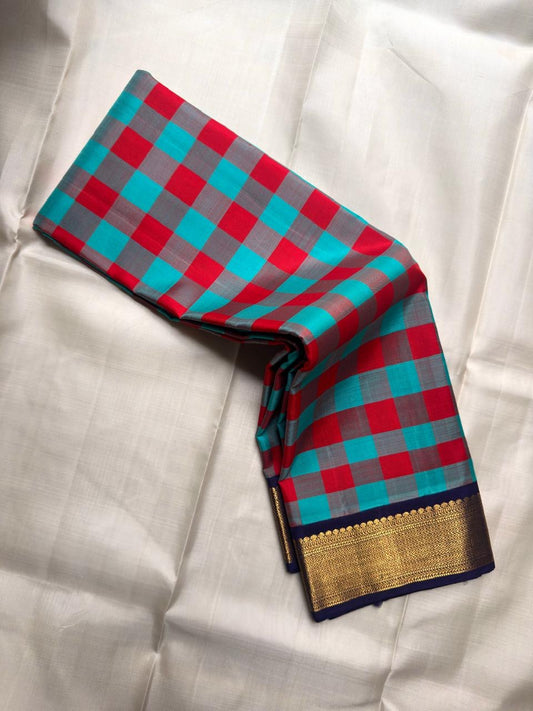 Teal Red and Grey Handwoven Pure Silk Kancheepuram Saree with Paalum Pazhamum Checks and Navy Border
