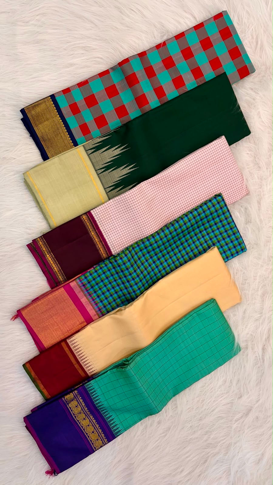 Teal Red and Grey Handwoven Pure Silk Kancheepuram Saree with Paalum Pazhamum Checks and Navy Border