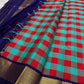 Teal Red and Grey Handwoven Pure Silk Kancheepuram Saree with Paalum Pazhamum Checks and Navy Border