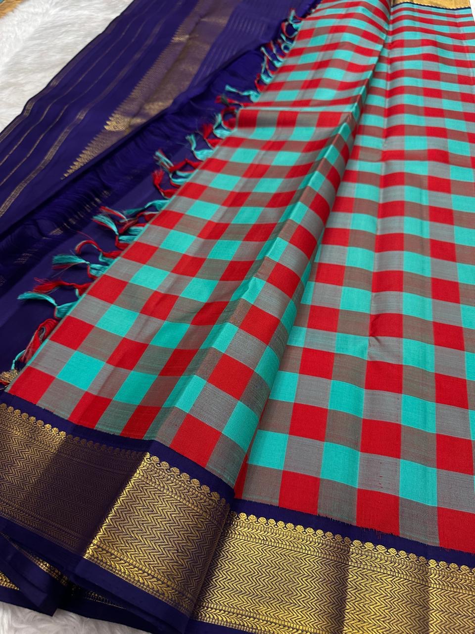 Teal Red and Grey Handwoven Pure Silk Kancheepuram Saree with Paalum Pazhamum Checks and Navy Border