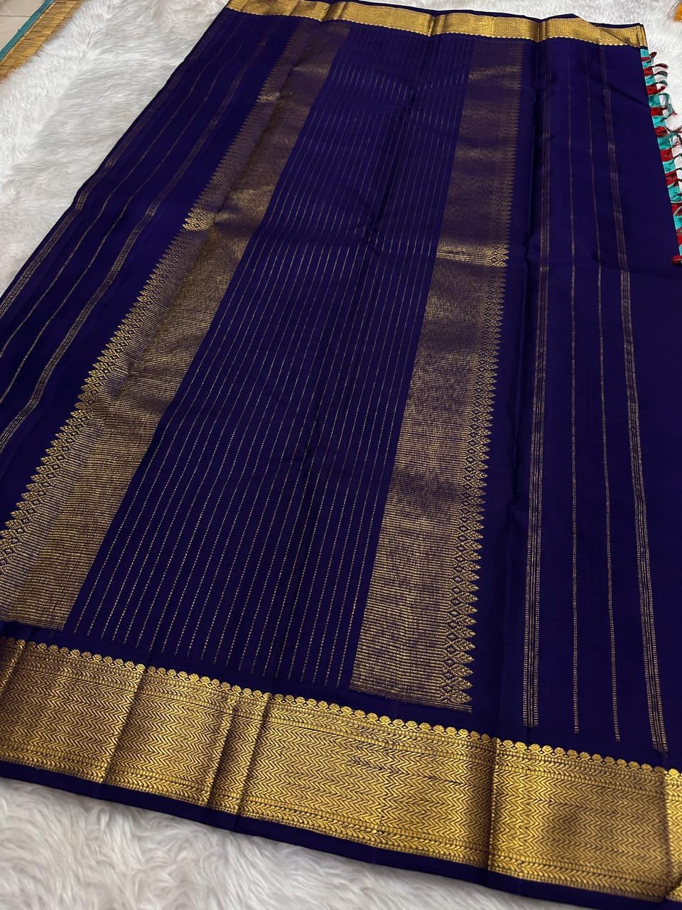 Teal Red and Grey Handwoven Pure Silk Kancheepuram Saree with Paalum Pazhamum Checks and Navy Border