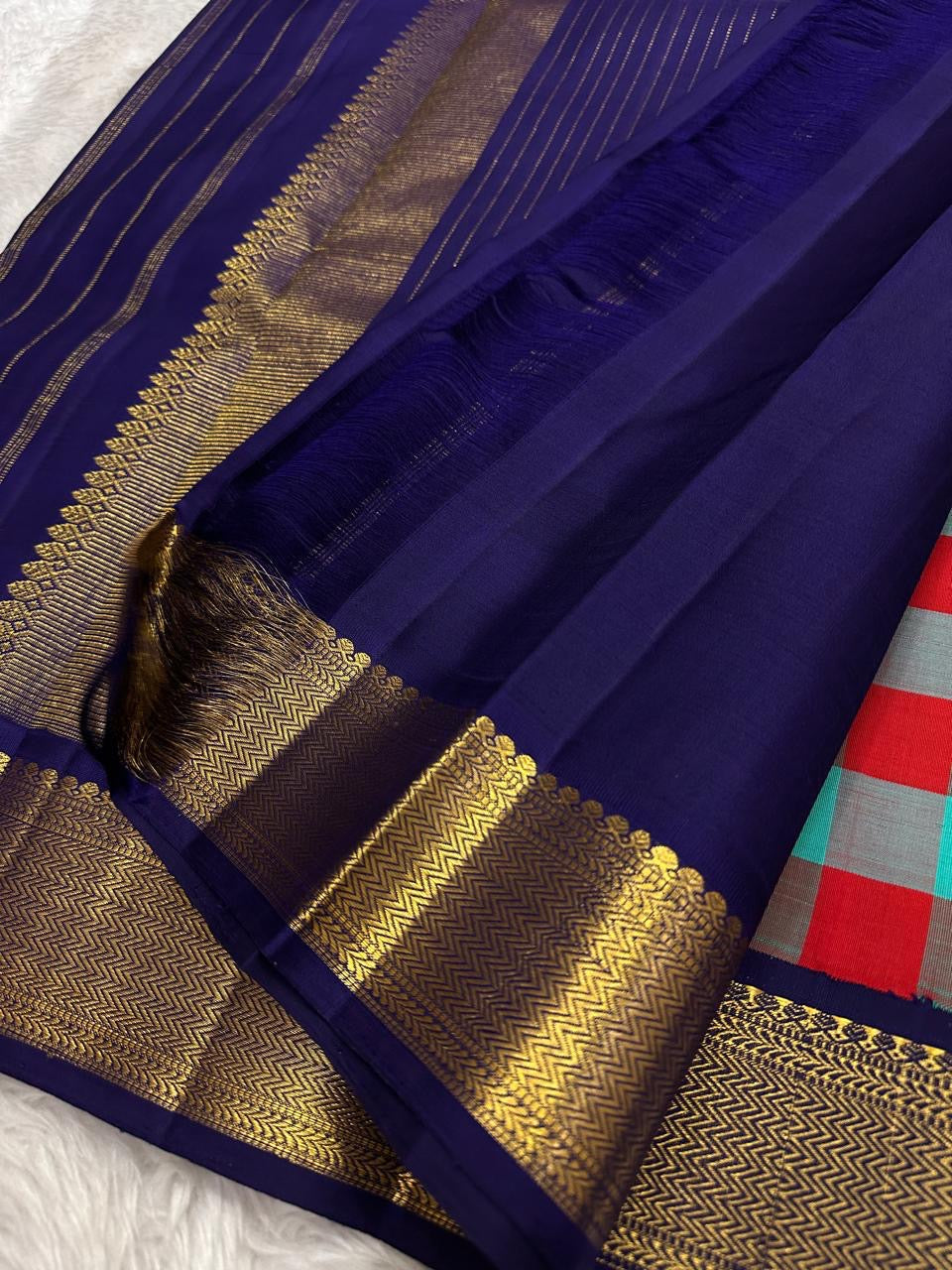 Teal Red and Grey Handwoven Pure Silk Kancheepuram Saree with Paalum Pazhamum Checks and Navy Border
